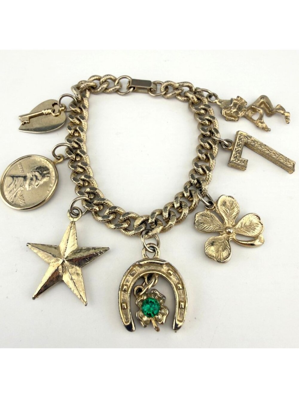 Vintage Charm Bracelet Gold Tone Lucky Coin Shamrock Horseshoe 7